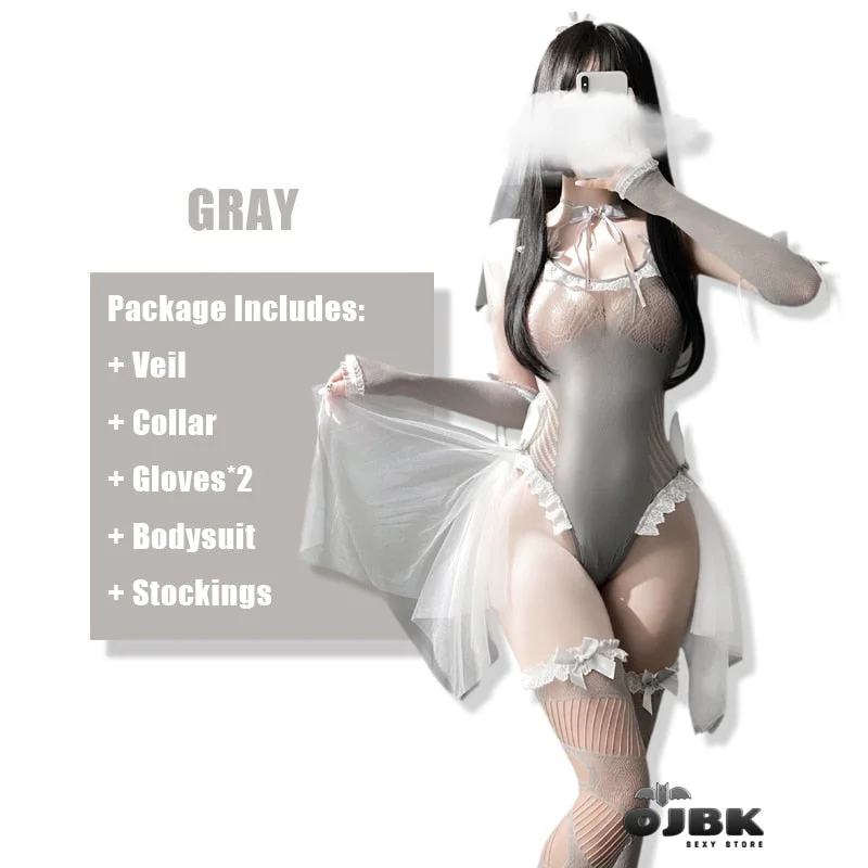 OJBK Sexy Bride Cosplay Outfit Exotic Costumes Gray Stretch Bodysuit Head Veil Lace Hollow Out Fishnet Teddy Hot Stockings 2021