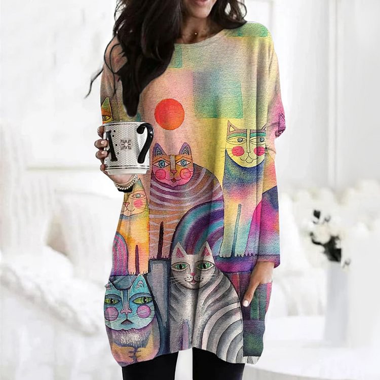 Vefave Sunset Cat Print Crew Neck Casual Tunic