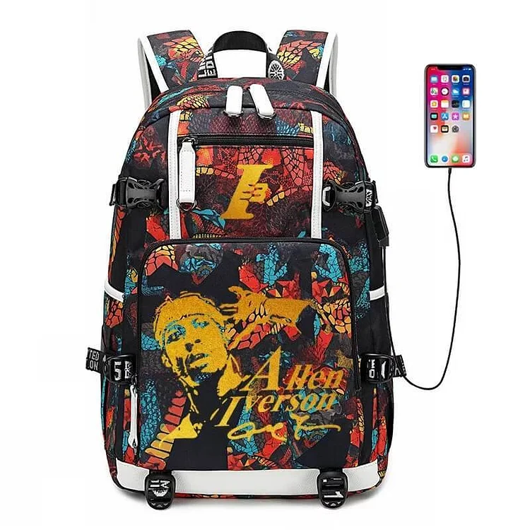 Mayoulove Basketball Allen#3 USB Charging Backpack School NoteBook Laptop Travel Bags-Mayoulove