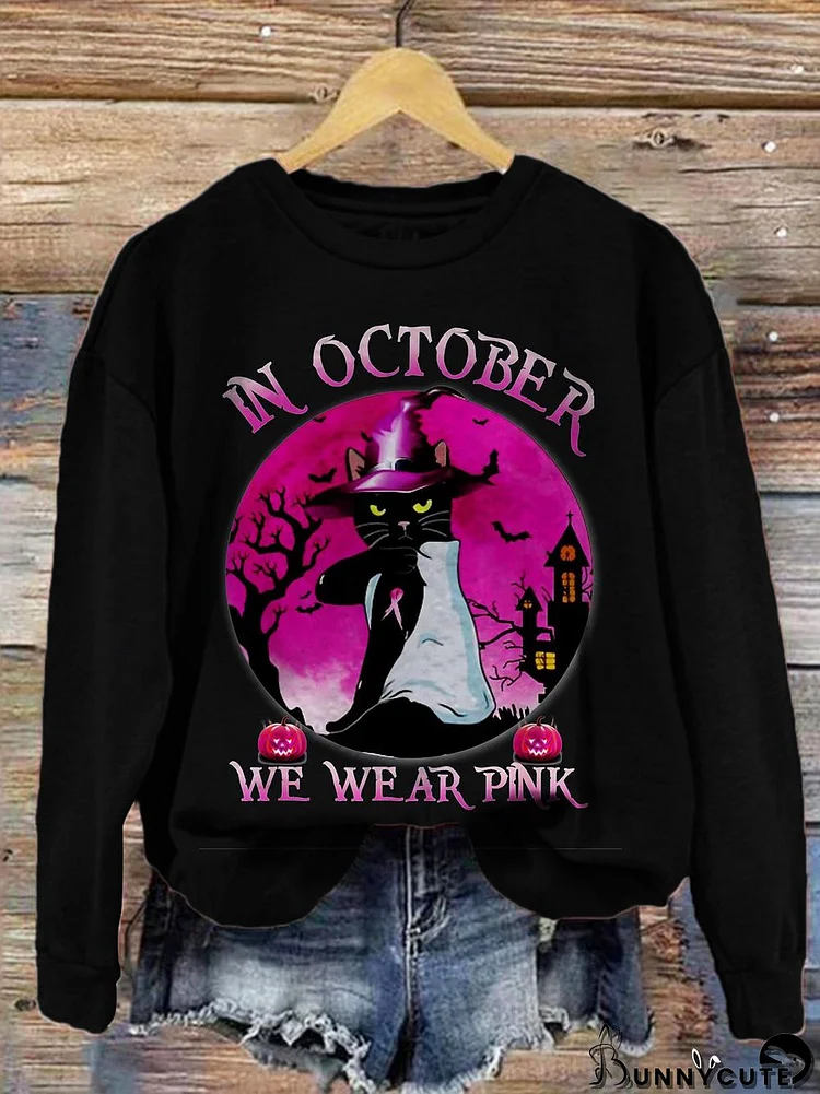 Cat In October We Wear Pink Funny Halloween Print Top