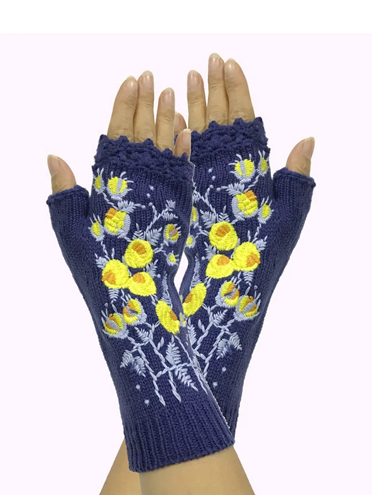 Crochet Trim Flower Decor Open Finger Gloves