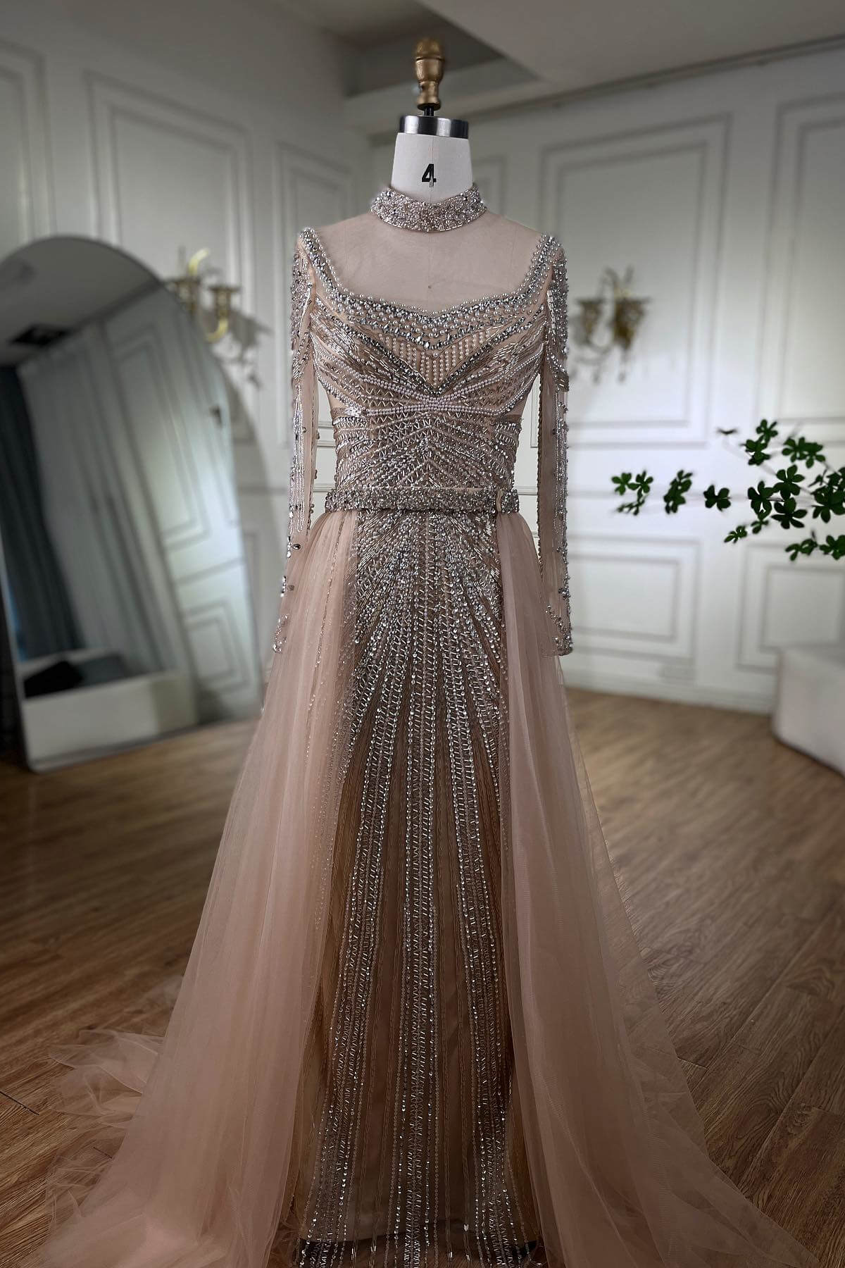 Bellasprom Champagne High Neck Long Sleeves A-Line Prom Dress With Beaidngs Pearls Overskirt Bellasprom