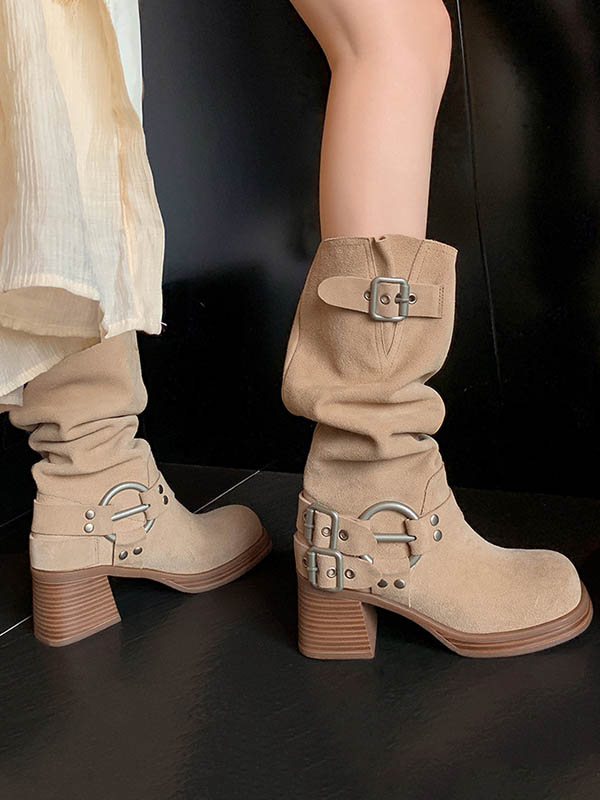 Buckle Round-Toe Split-Joint Velvet Boots Pumps
