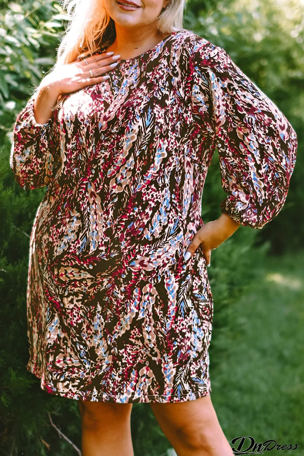 Red Blackish Plant Print Balloon Sleeve Curvy Dress