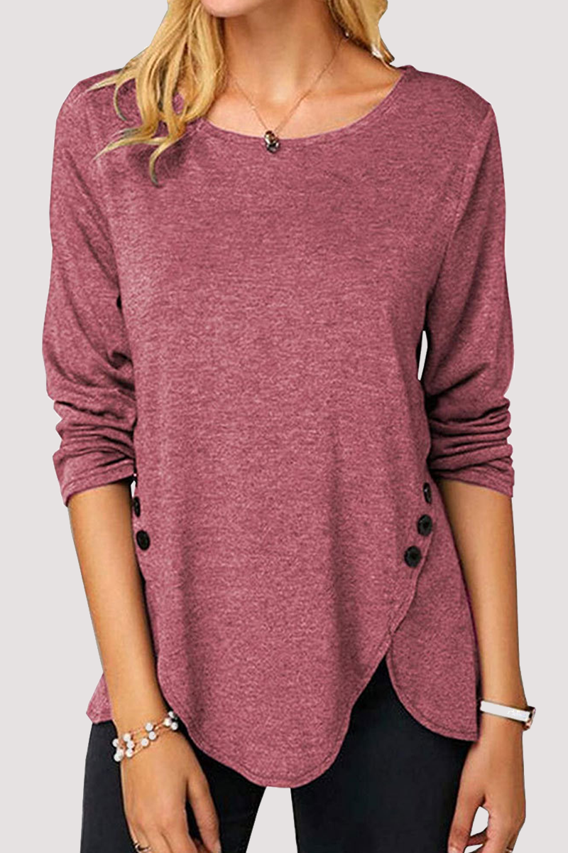 Casual Solid Split Joint Buckle O Neck Tops(11 Colors)
