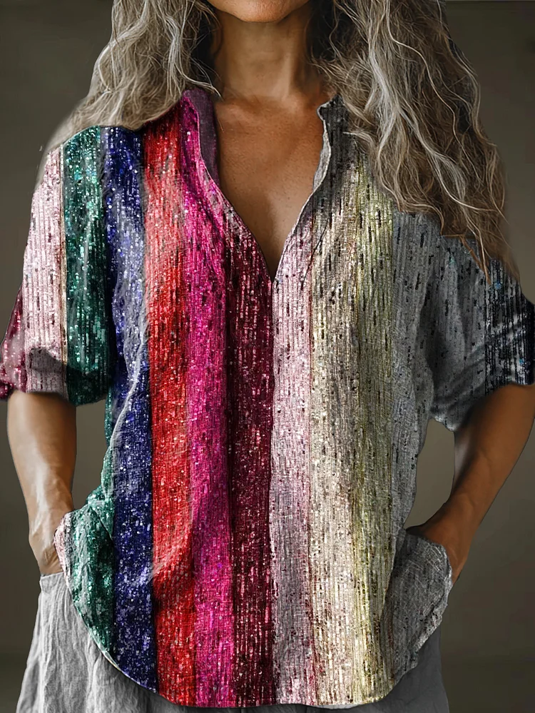 Women's Rainbow Strip Art Pattern Print Long Sleeve Comfortable Cotton And Linen Shirt