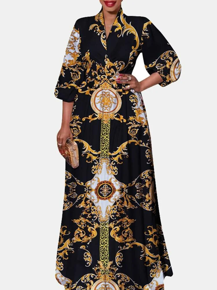 Tribal Pattern 3\/4 Sleeve V-neck Maxi Dress For Women