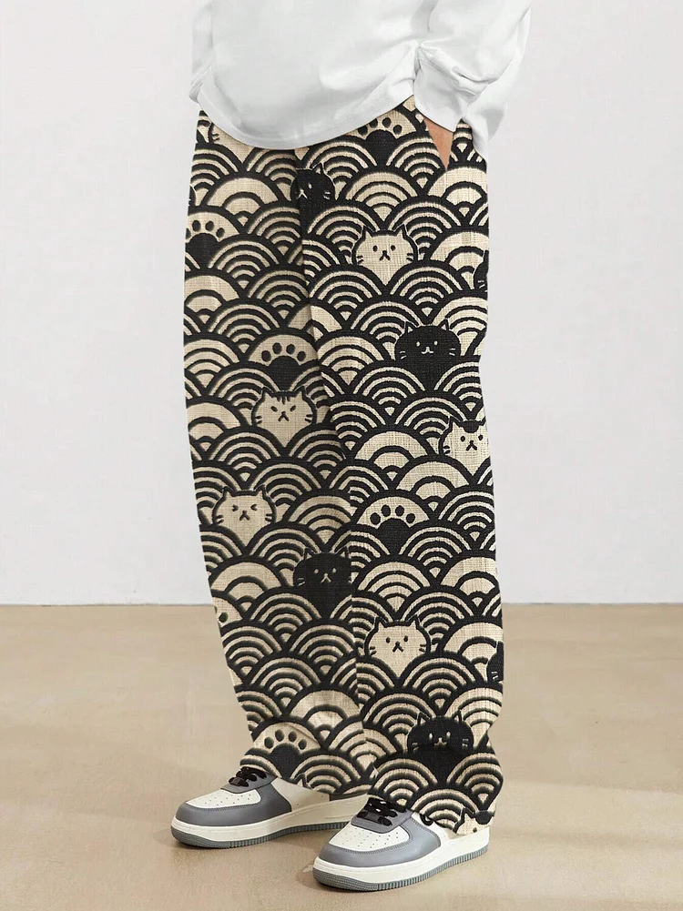Men's Cat Waves Art Print Loose Drawstring Waist Sweatpants