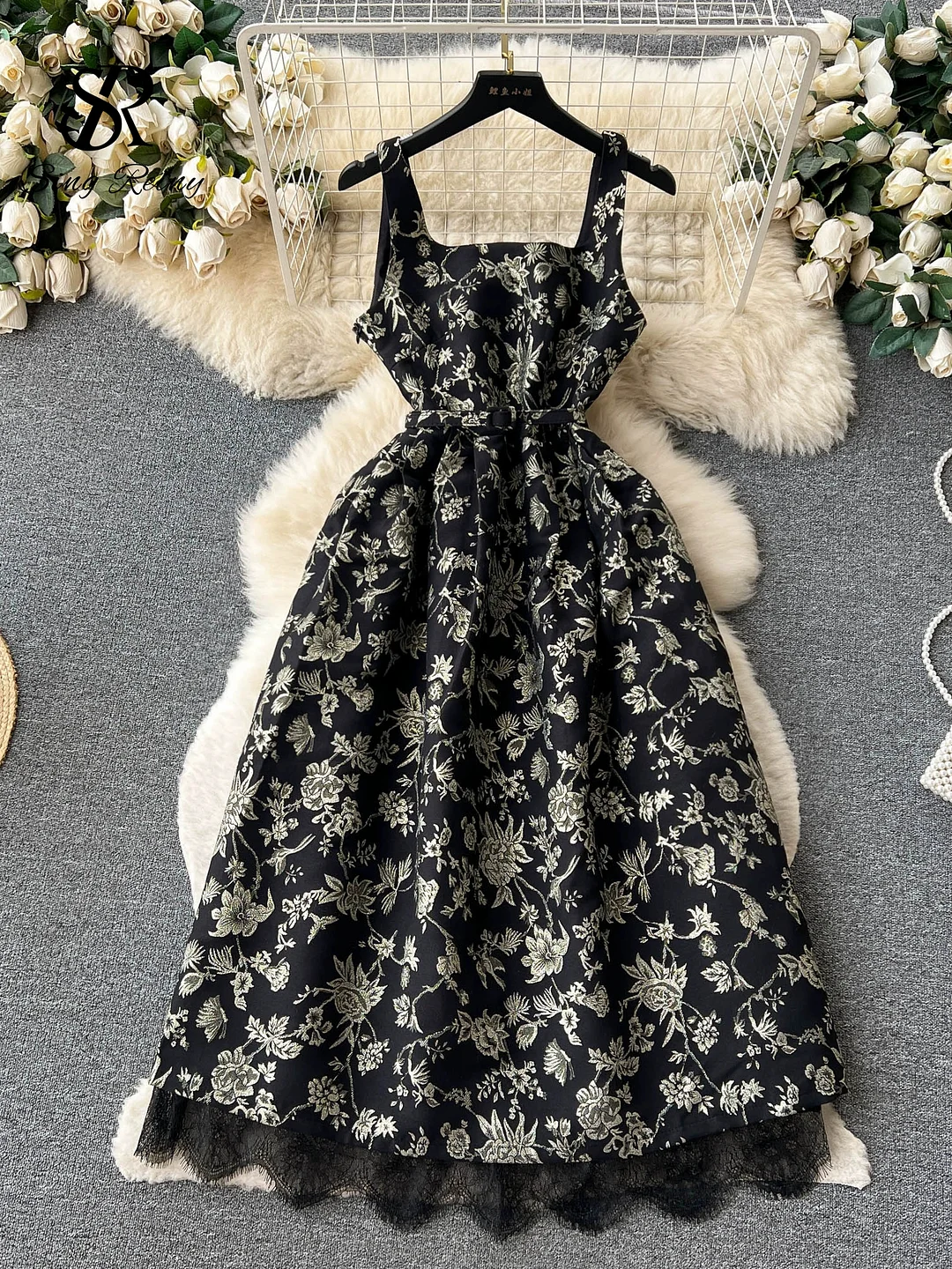 Huibahe Temperament Embroidery Lace Dress Women Zipper Belt Off Shoulder Sleeveless French Floral Spaghetti Strap Long Dress