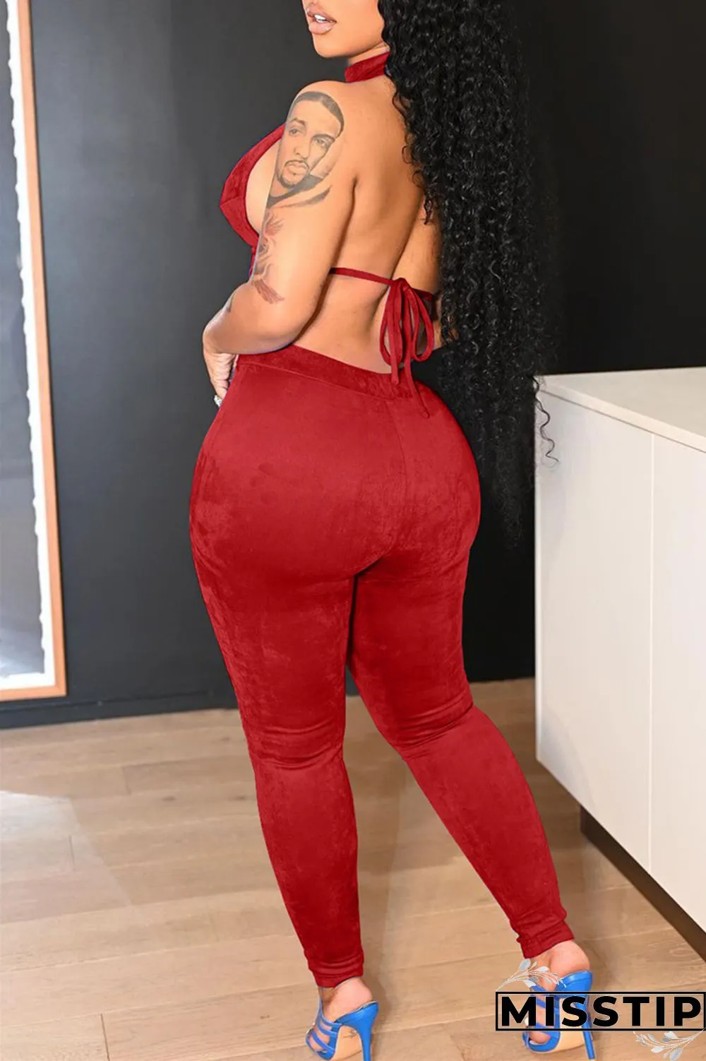 Red Fashion Sexy Solid Hollowed Out Backless Turtleneck Sleeveless Two Pieces