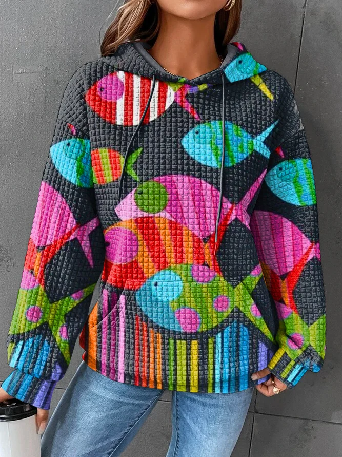 Vintage Colorful Fish Art Waffle Hooded Sweatshirt