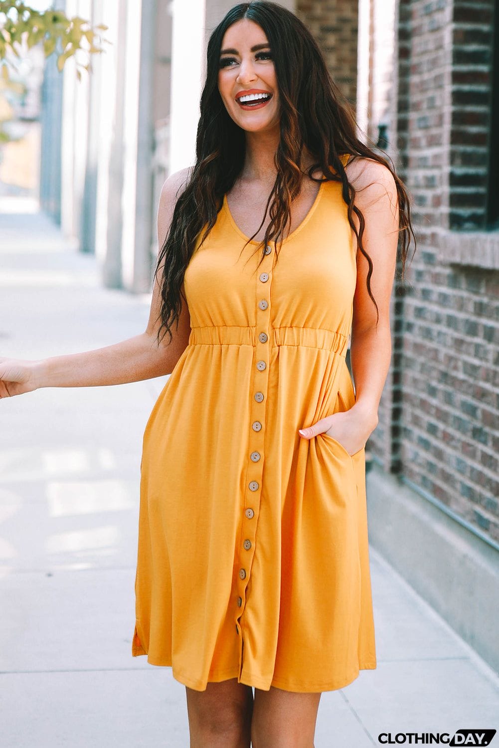 Buttons Sleeveless High Waist Mini Dress