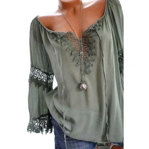 Elegant Hollow Lace Stitching Solid Long Sleeve Blouse