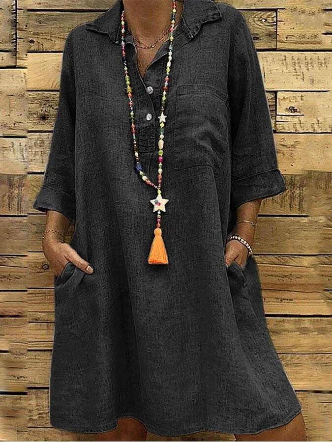 Ladies Plus Size 3/4 Sleeve Shirt Collar Casual Dress