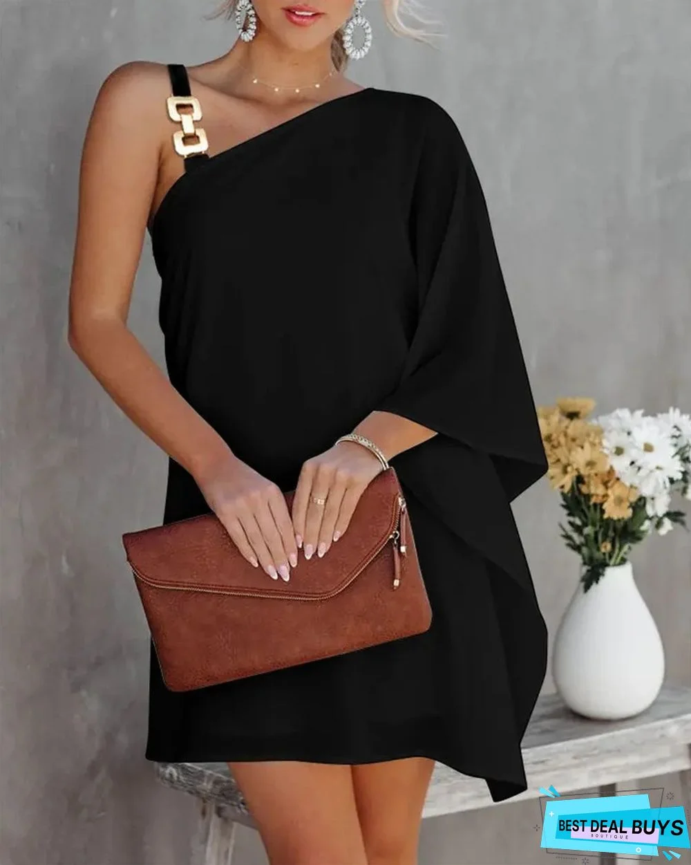 Bat Sleeve Off Shoulder Metal Suspender Dress For Women