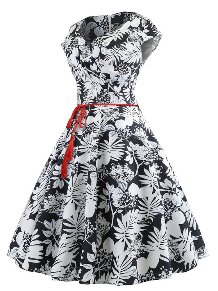 Mayoulove Retro Dress 1950s V-Neck Cap Sleeve A-Line Knee-length Dress-Mayoulove