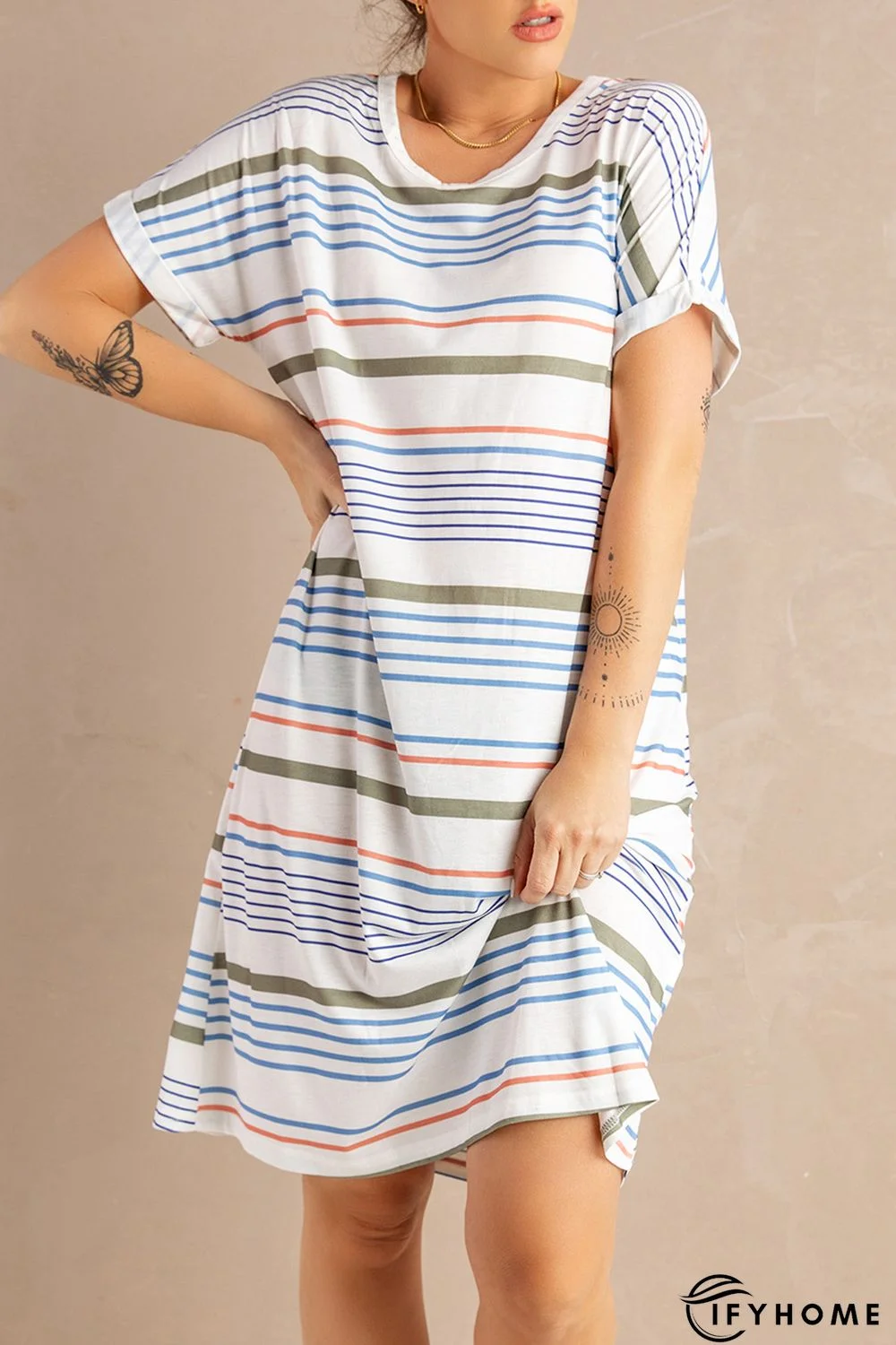 Short-Sleeved Striped T-shirt Mini Dress | IFYHOME