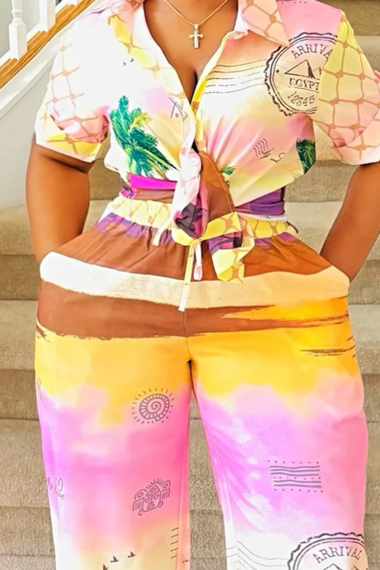 Tropical Print Blouse Wide Leg Pants Vacation 2pcs Set-Pink [Pre Order]