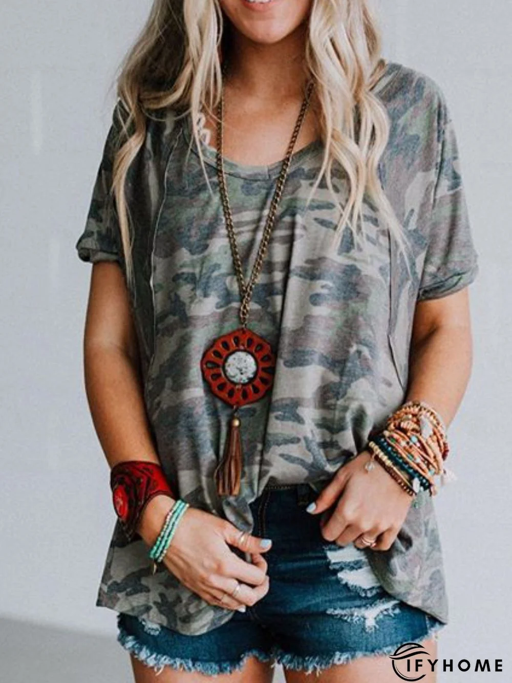 Camouflage Simple Round Neck Short Sleeve Tops | IFYHOME