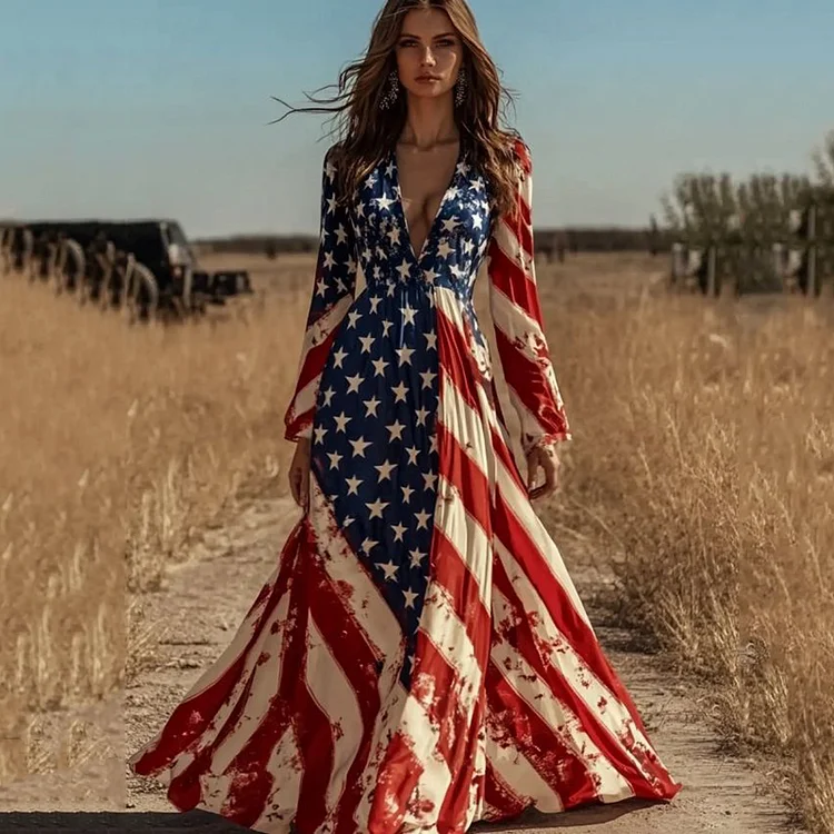 Women's Vintage Independence Day Flag V Neck Casual Maxi Dress