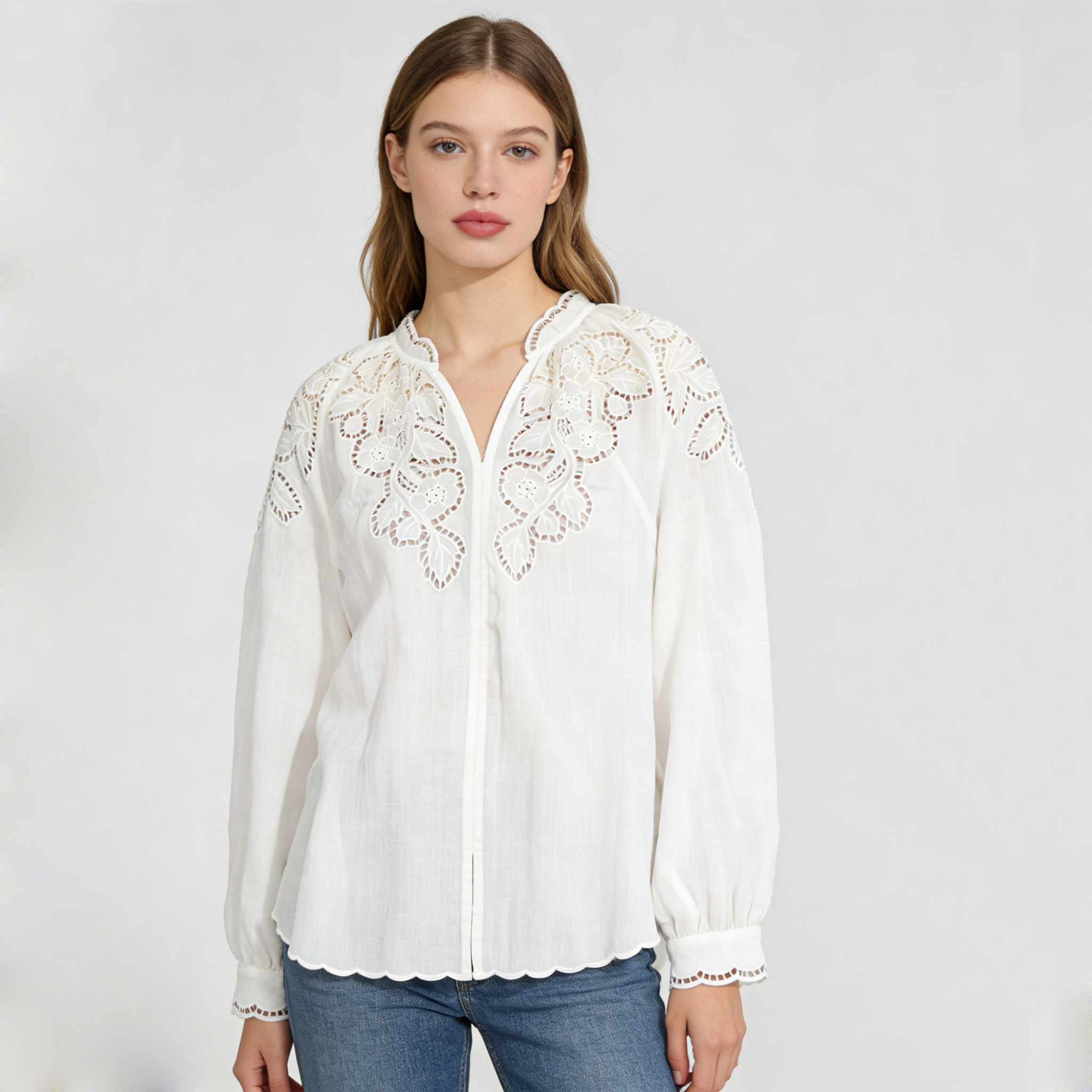 Linen Blouse Women 100% Ramie Embroidered Cutwork V Neck Top REAL SILK LIFE