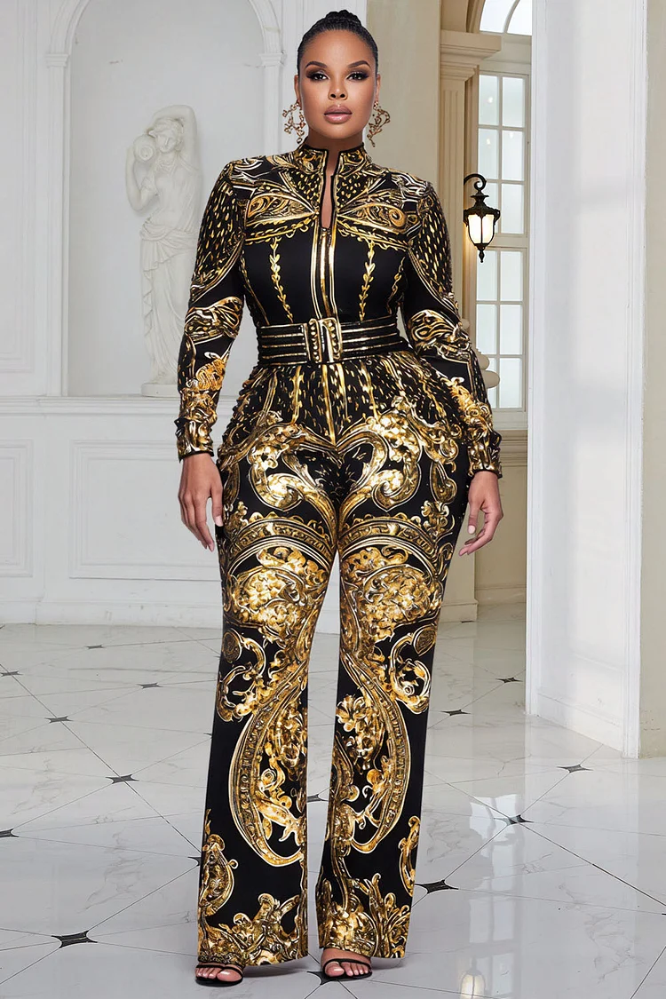 Xpluswear Design Plus Size Party Gold Graphic Mock Neck Long Sleeve Pocket Elegant Zipper Jumpsuits 2024 - Xpluswear