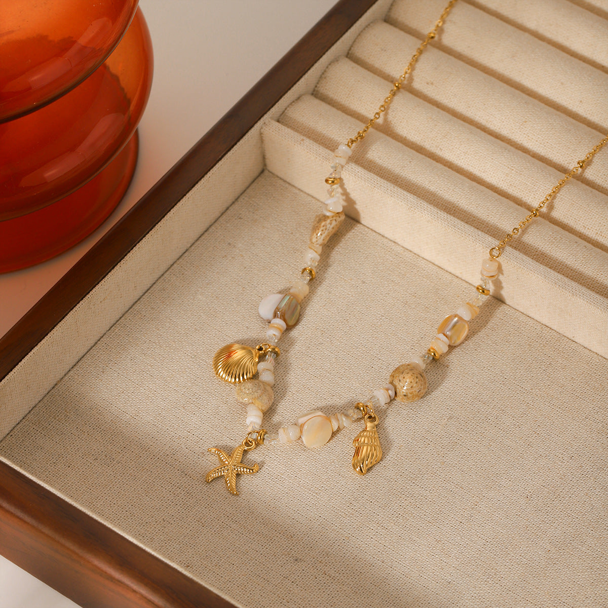 Stainless Steel Conch Starfish Shell Pendant Necklace Summer Ocean Style Shell Beaded Necklace