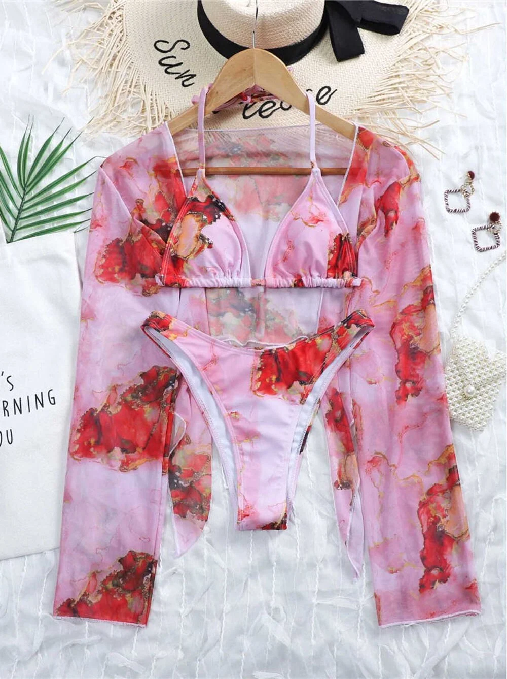 New Marble Underwired V-bar Shape Bikini Swimsuit Female Swimwear Women Three-pieces Bikini Sarong Bather Bathing Suit Swim