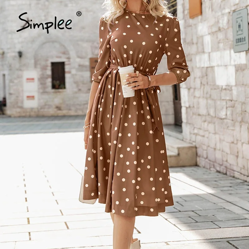 Simplee Elegant A-line polka dot women dress autumn Office lady o-neck belt women midi dresses Half sleeve female purple vestido