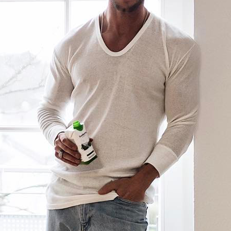 Men's Breathable Plain Deep V Long Sleeve T-Shirt