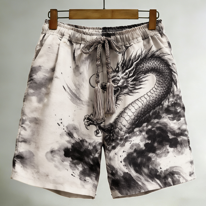 Vintage Japanese Style Dragon Painting Art Retro Casual Linen Shorts elevenforest