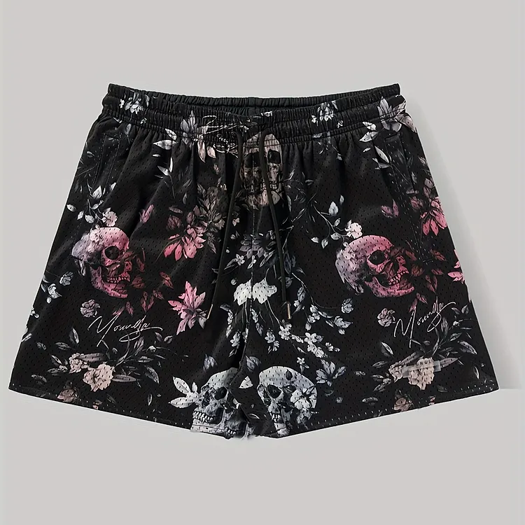 Men's Floral Skeleton Pattern Drawstring Casual Sports Shorts