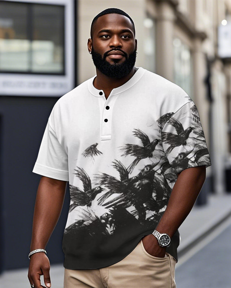 Men's Plus Size Daily Casual Black And White Bird Print Henry Collar Button Short Sleeve T-Shirt