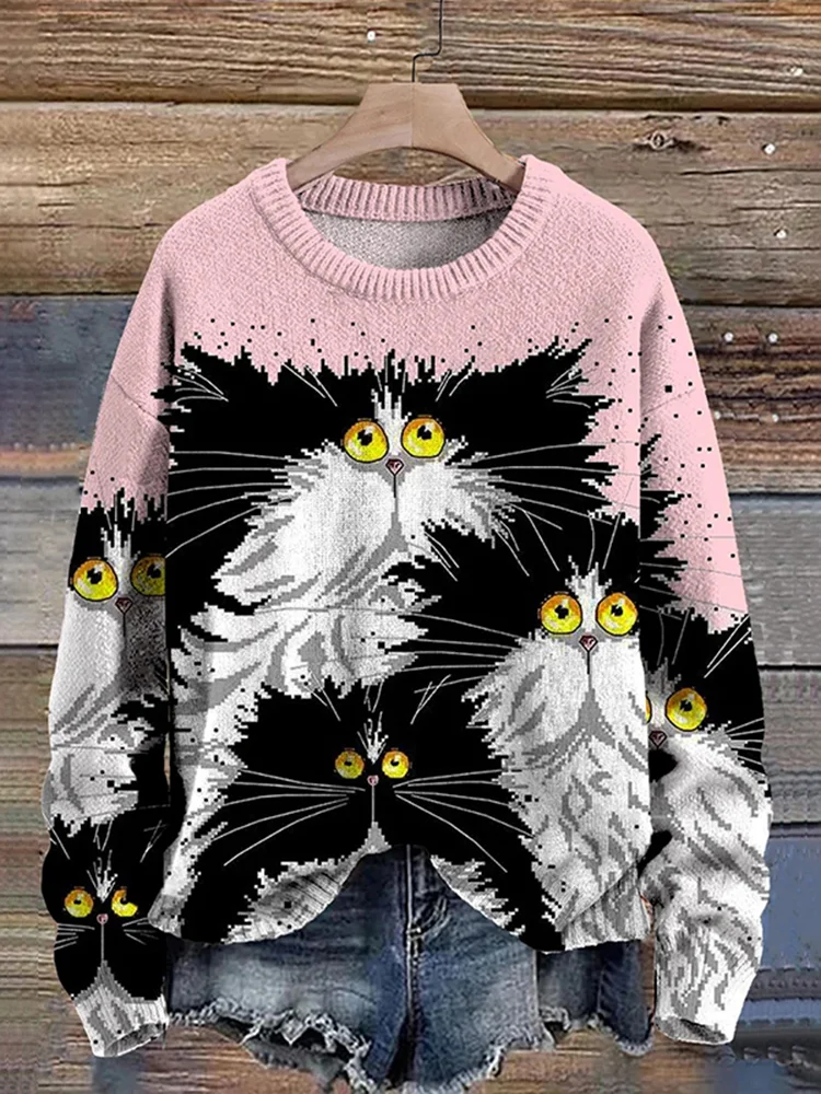 Funny Cats Art Pattern Print Casual Knit Pullover Sweater