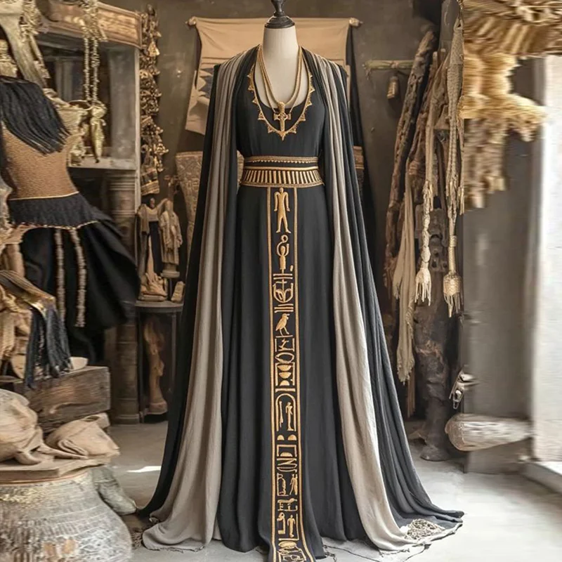 Vintage Egyptian Pattern Embroidered Art Linen Sleeveless Maxi Dress Excluding Shawl