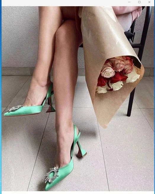 New Fashionable Half Slippers Women's Sandals Fashionable Sparkling Rhinestones Satin Wine Glass Heel Shoes Closed-Toe Slippers