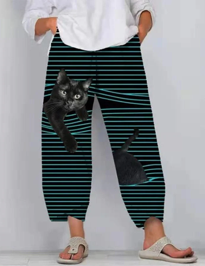 Black Cat Print Striped Patchwork Elastic Waist Plus Size Pants