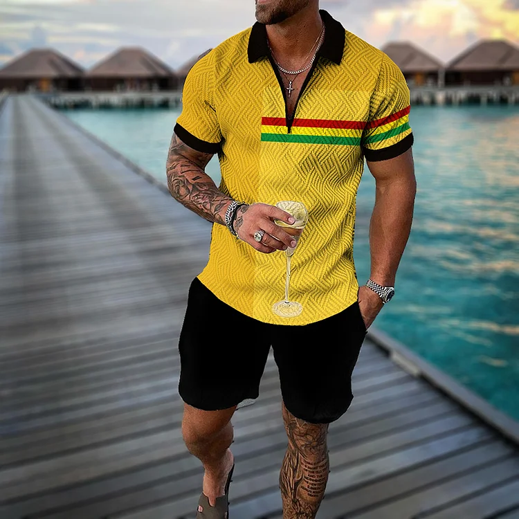 BrosWear Reggae Contrast Stripes Print Short Sleeve Polo Shirt And Shorts Co-Ord