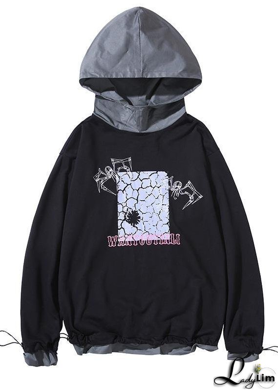 Chic gray prints cotton clothes For Women fall loose patchwork hooded Sweat shirt