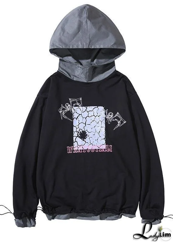 Chic gray prints cotton clothes For Women fall loose patchwork hooded Sweat shirt