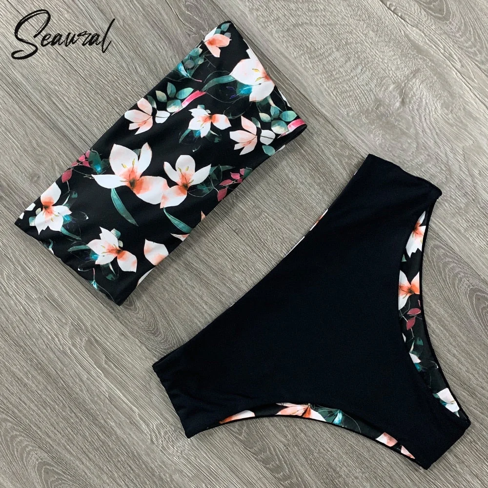 2022 New Sexy Low Hight Bikini Set Swimwear Women Bandeau Female Print Floral Strappy Swimsuit Bathing Suit Beach Wear Biquini