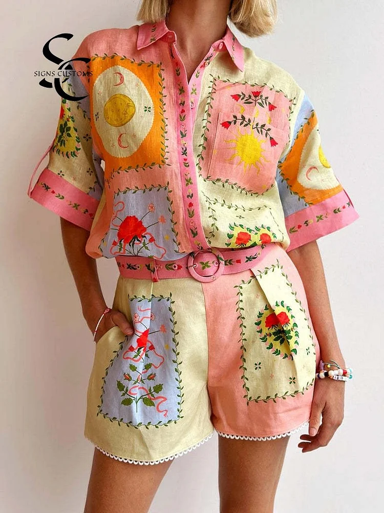 2025 casual fashion linen temperament shirt shorts suit