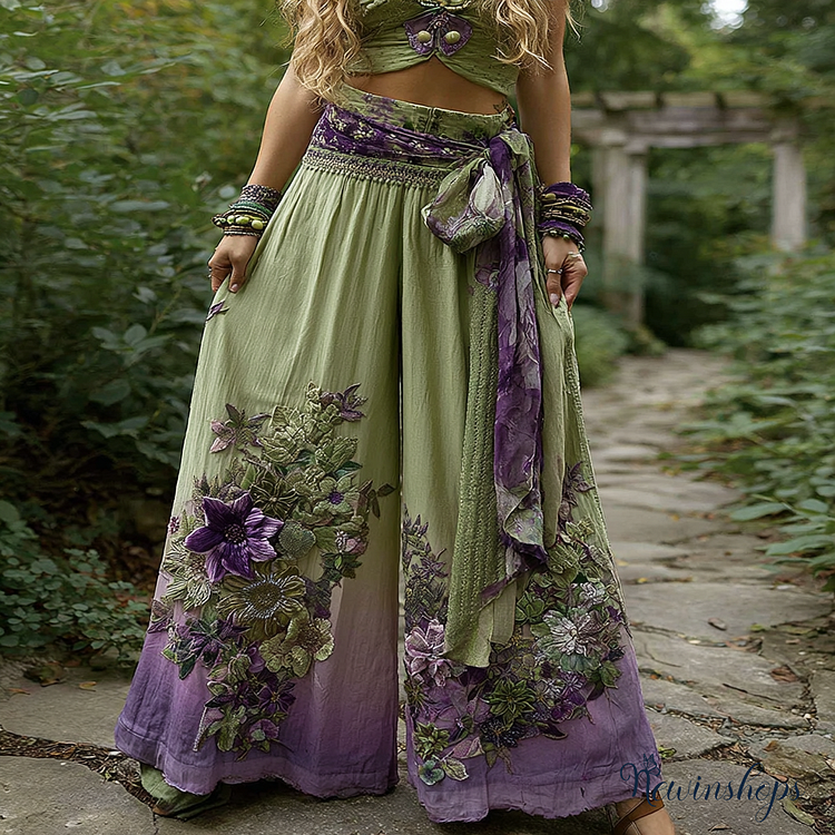 Floral Embroidered Art Print Loose Linen Blend Pants