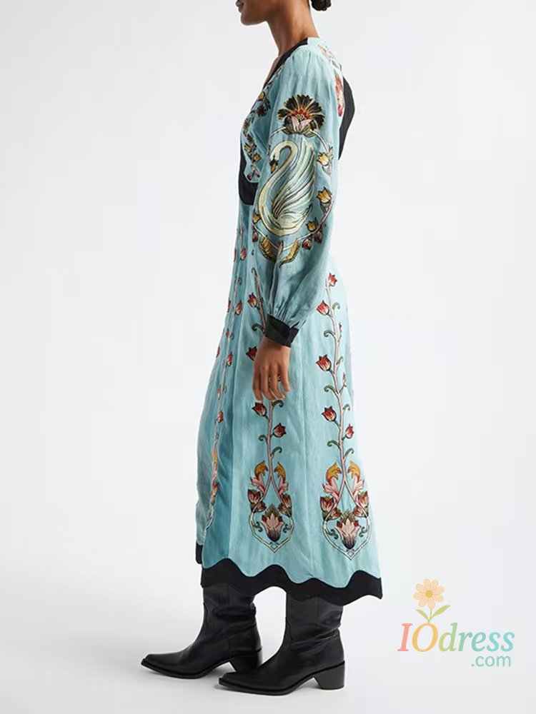 IO Dress Ethnic Retro Women's Backless Long Sleeved Party Dresses Sexy Deep V Hollow Fashion Flower Print High Waist Casual Long Dress