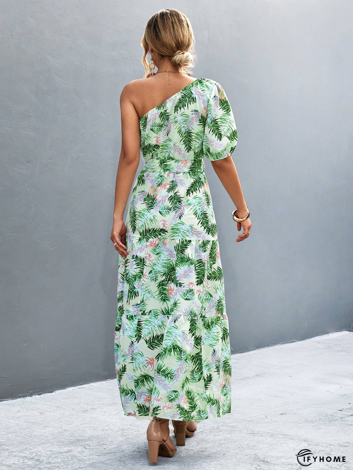 Printed Tie Waist One Shoulder Maxi Dress | IFYHOME