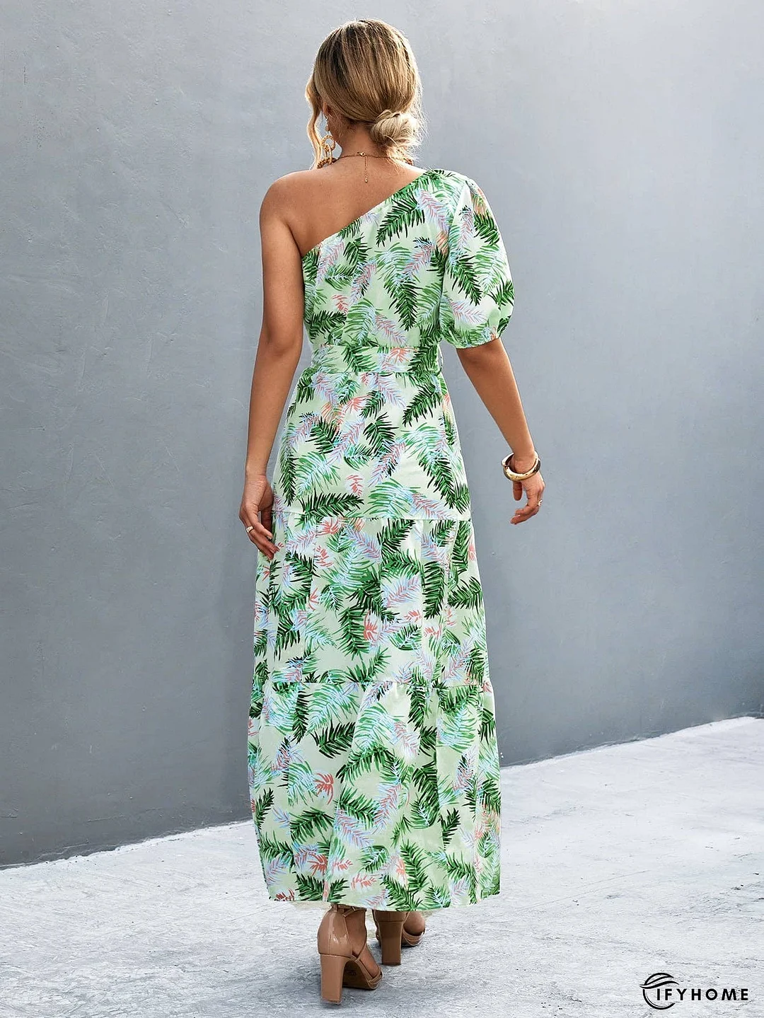 Printed Tie Waist One Shoulder Maxi Dress | IFYHOME