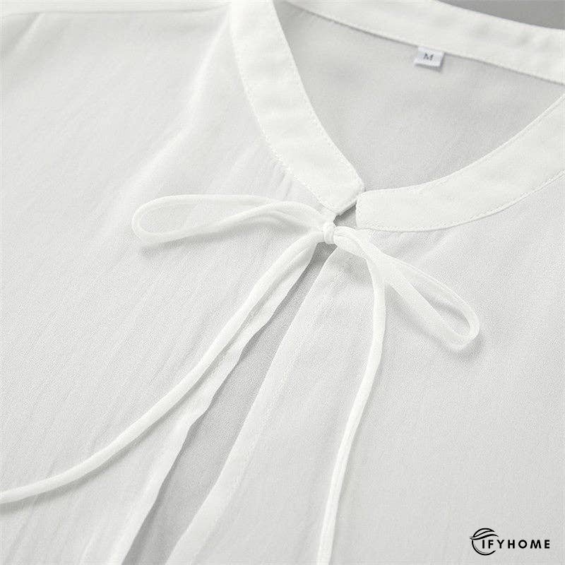 White Tie-Up Top With Mandarin Collar | IFYHOME