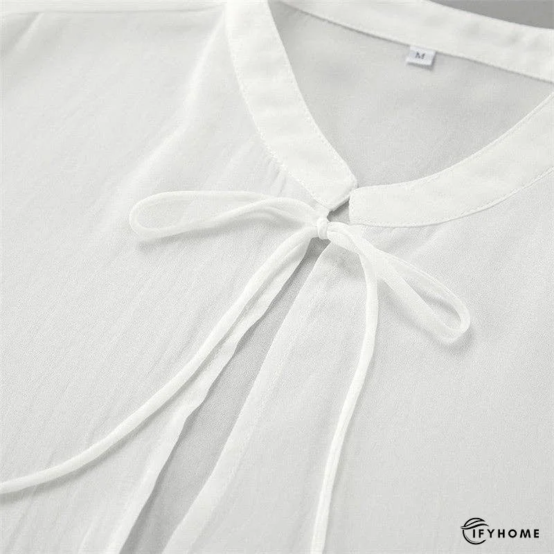 White Tie-Up Top With Mandarin Collar | IFYHOME