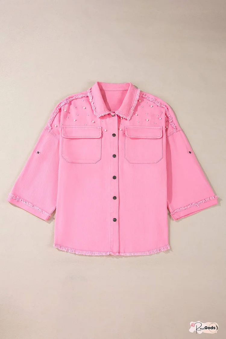 Pearl Beaded Raw Hem Button Up Denim Jacket