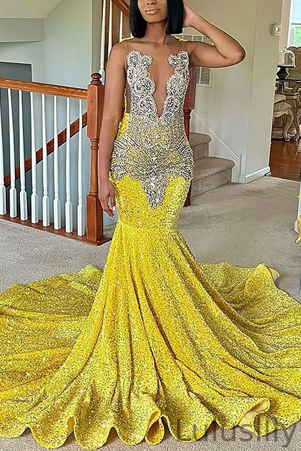 Classic Yellow Sequins Prom Dress Mermaid Sleeveless With Crystal - lulusllly